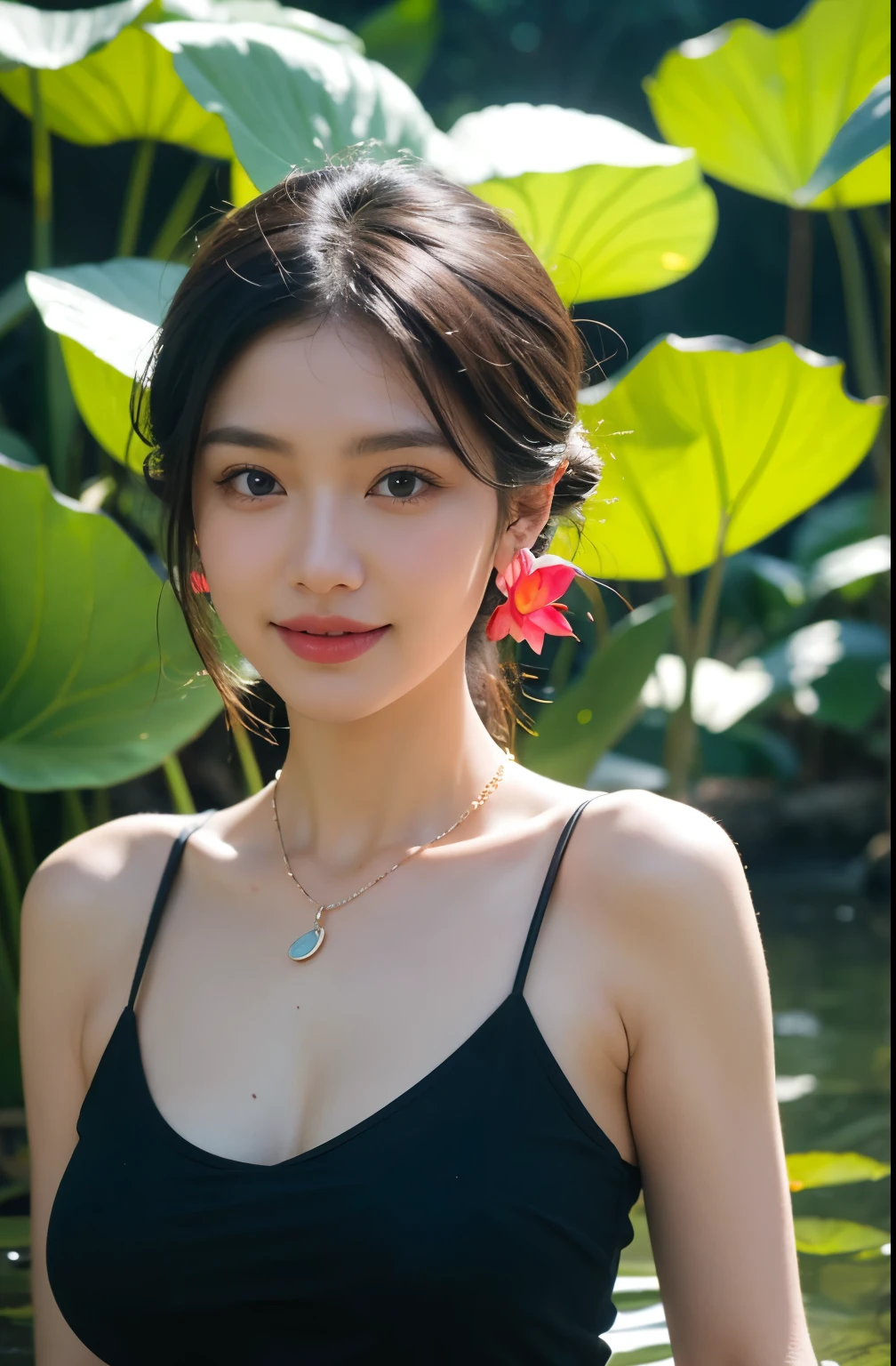 Portrait of lovely woman in bright windy field, Lotus leaf background，watercourse, Chicken lotus root stalk，lotus Leaf，lotus，Leaf Arch，(Backlight),detail， Practical,Upper Body，best quality, detail，Serious, In the shadows, bloom, [[Chromatic Aberration]，Natural skin texture，Red，Wearing Gardenia on the Head，Tie your hair up，Clive Archie，Medium breasts，Areola，Upturned nipples，earrings，necklace，Smile，Transparent red sports T-shirt，The shoulder strap is broken