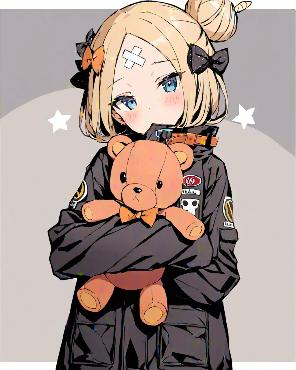 masterpiece, best qualityï¼
 ï¼1girl, abigail williams (fate), solo, abigail williams (traveling outfit) (fate), hair bun, single hair bun, blonde hair, orange bow, blue eyes, stuffed toy, teddy bear, stuffed animal, black bow, bow, official alternate costume, parted bangs, sleeves past wrists, bangs, sleeves past fingers, black jacket, object hug, polka dot bow, hair bow, jacket, polka dot, looking at viewer, long sleeves, blush, long hair, grey background, white background, holding, covered mouth, holding stuffed toy, head tilt, key, star (symbol), standing, crossed bandaids, forehead, two-tone background, character name, can, cowboy shot