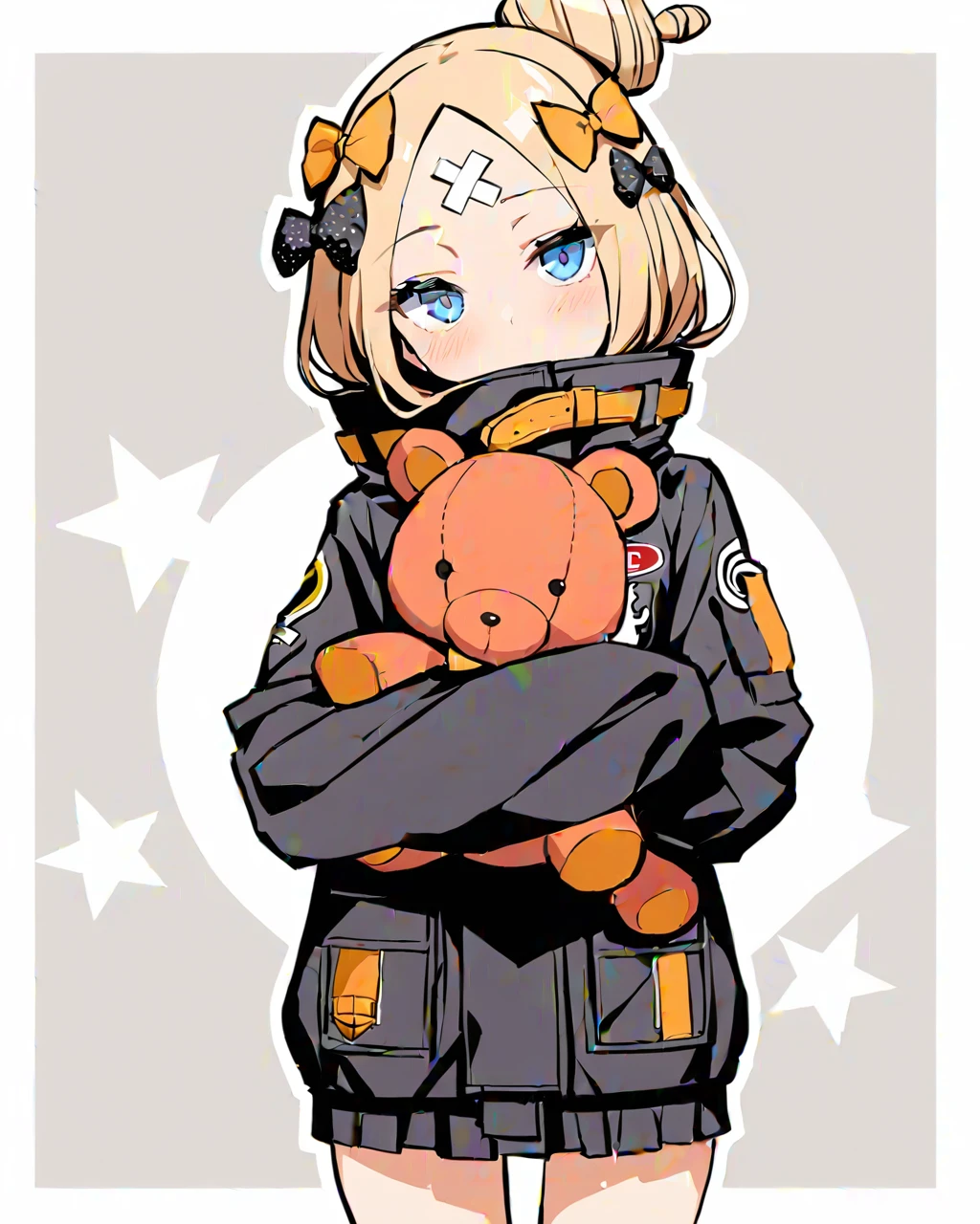 masterpiece, best qualityï¼
 ï¼1girl, abigail williams (fate), solo, abigail williams (traveling outfit) (fate), hair bun, single hair bun, blonde hair, orange bow, blue eyes, stuffed toy, teddy bear, stuffed animal, black bow, bow, official alternate costume, parted bangs, sleeves past wrists, bangs, sleeves past fingers, black jacket, object hug, polka dot bow, hair bow, jacket, polka dot, looking at viewer, long sleeves, blush, long hair, grey background, white background, holding, covered mouth, holding stuffed toy, head tilt, key, star (symbol), standing, crossed bandaids, forehead, two-tone background, character name, can, cowboy shot