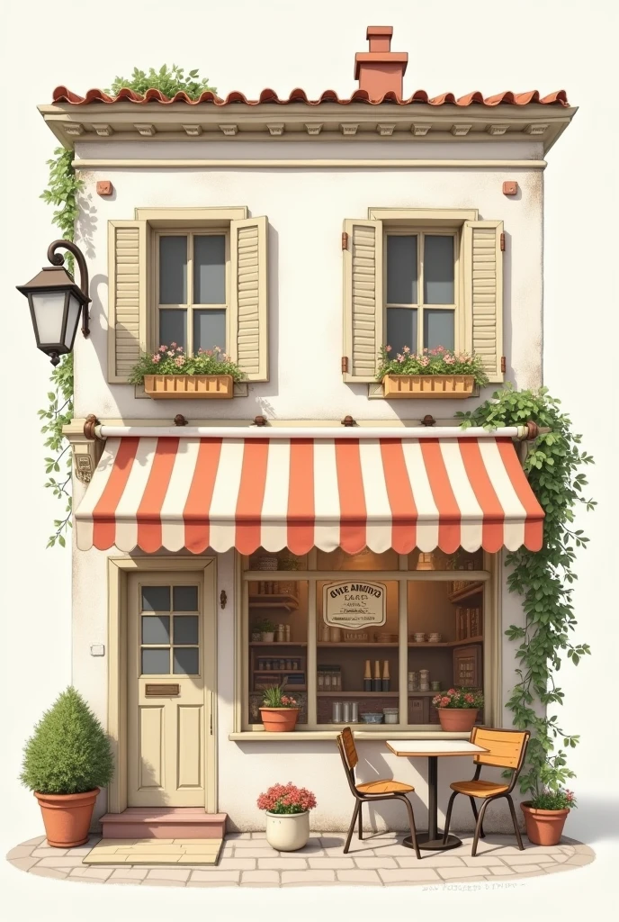 Illustration of the facade of a medium-sized cafe in French style. The facade must be tender and welcoming, windows with wooden shutters in soft tones and white, and a striped awning.