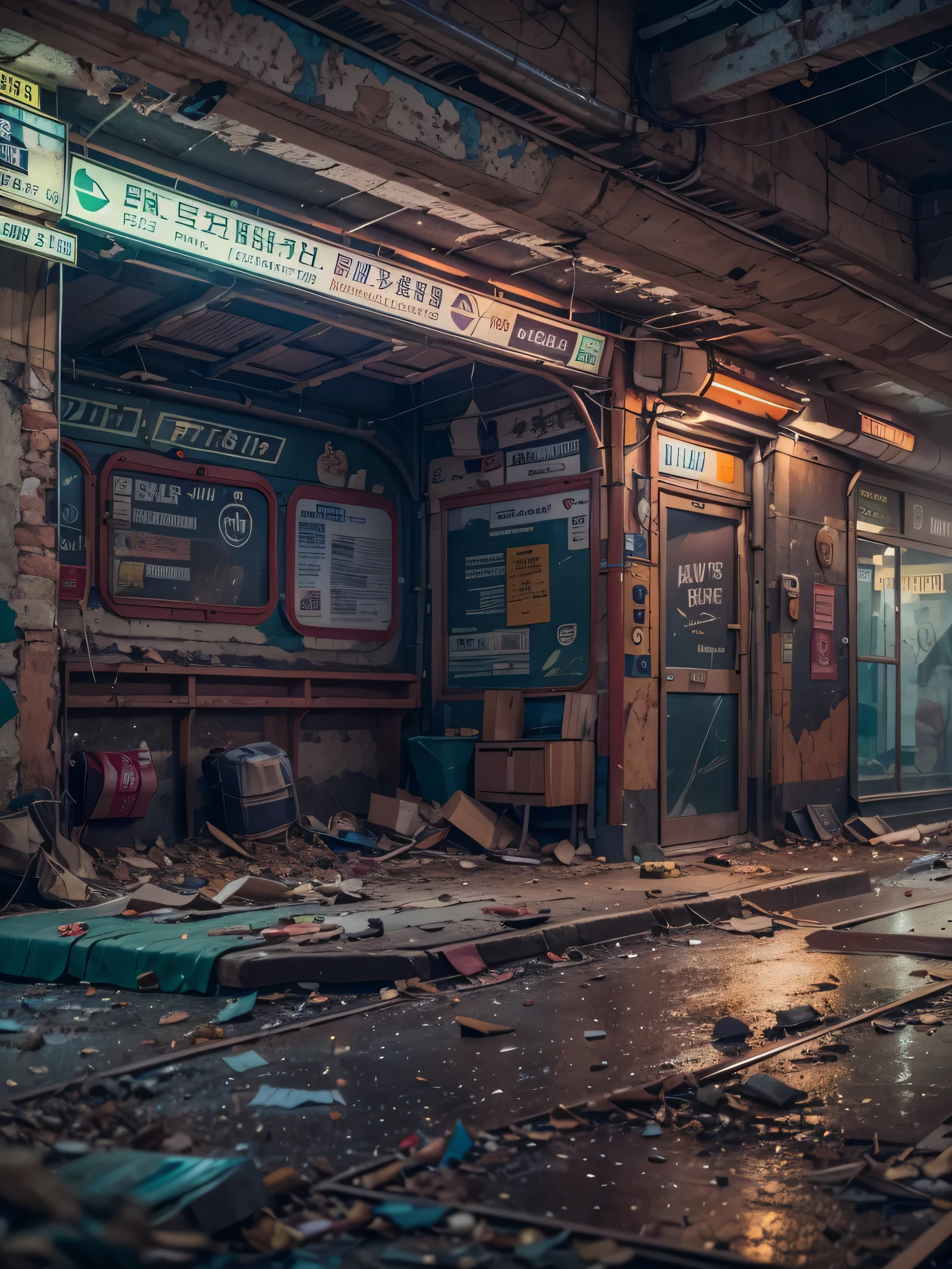 A nostalgic unused subway station, cyberpunk scene, still, featuring crumbling facades, harsh fluorescent lights, broken windows,shadows cast on walls, at night,
Masterpiece,best quality,hi res,8k,hi res,8k,award winning,(sharp focus, intricate, highly detailed),