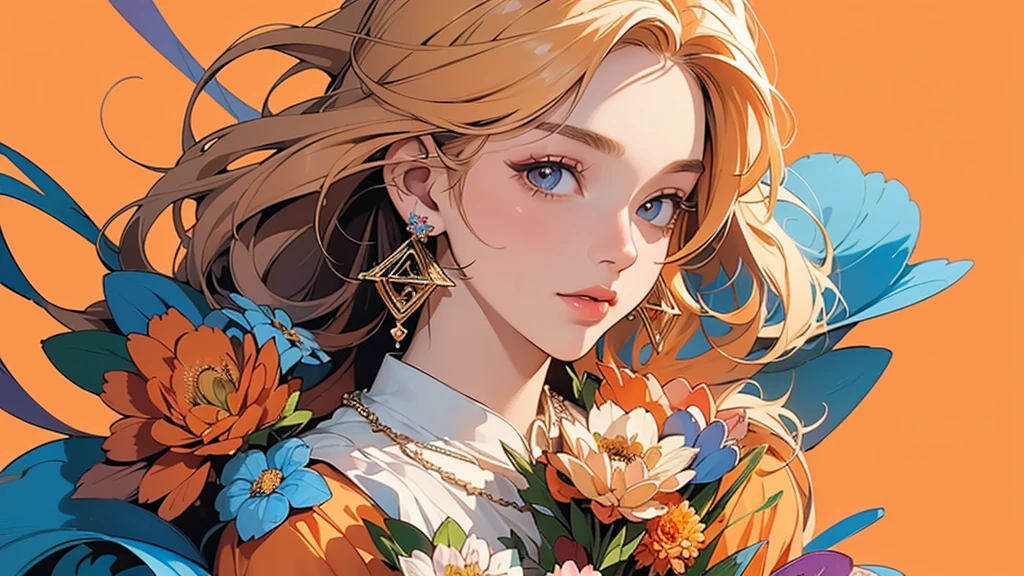 32K, 最高quality, 最高masterpiece, (ultra-Detailed Background, Detailed Background), High resolution, Super detailed, Very detailedな, 1 personの, (bouquet:1.3), (Tangled:1.2), (Geometric:1.2),(colorful),(masterpiece, quality, best quality, Official Art, Beautiful and beautiful:1.2), (1 person:1.3), Very detailed,(colorful:1.1)(Flowers:1.3),Most detailed,(Tangled:1.2), whole body, (Abstract background:1.3), (Skin glows), (Many colors:1.4), ,(Earrings Jewelry:1.5), Pale Orange Background, It's imaginative., Flaxen Hair,