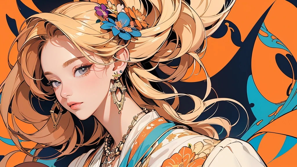 32K, 最高quality, 最高masterpiece, (ultra-Detailed Background, Detailed Background), High resolution, Super detailed, Very detailedな, 1 personの, (bouquet:1.3), (Tangled:1.2), (Geometric:1.2),(colorful),(masterpiece, quality, best quality, Official Art, Beautiful and beautiful:1.2), (1 person:1.3), Very detailed,(colorful:1.1)(Flowers:1.3),Most detailed,(Tangled:1.2), whole body, (Abstract background:1.3), (Skin glows), (Many colors:1.4), ,(Earrings Jewelry:1.5), Pale Orange Background, It's imaginative., Flaxen Hair,