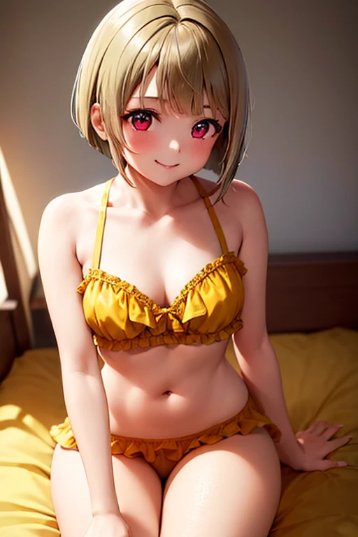 One Girl, Cowboy Shot, High resolution, smile, Highest quality, masterpiece, Yellow-brown hair，Bobcut，short hair，ワンレングスBobcut，Asymmetrical Hair，Long left bangs，Red Eye，Yellow bustier，Bedroom,nakasu kasumi，On all fours