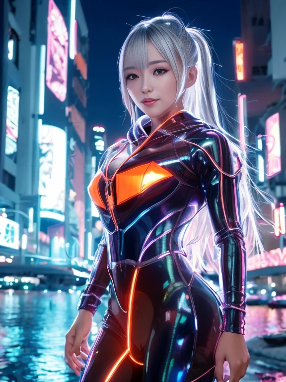 Lake at night,(Gorgeous night illuminations:1.3),(Standing in the night:1.3)The actress is a very beautiful adult woman........(Sexy super shiny orange transparent holographic mechanical cyberpunk suit with hood:1.3) ,(A mechanical hooded suit that lights up with vibrant LEDs:1.3),Surrounded by a network of wires. surrounded by circuits.Sexy Face, necklace,Earrings, Smile.Sexy pose, (Silver Hair、精巧な編み込みとビーズで飾られたponytailのツイストバンズ,Braided Setup Fishbone Hair,),(The bangs are see-through),(hairpin、ponytail、Floating Hair、),Chest slip,(Emphasize large breasts:1.3),Professional Lighting,Cinematic Light,(Tabletop,Highest quality,Ultra-high resolution output images,) ,(8K quality,),(SeaArt 2 Mode:1.3),,(Picture Mode Ultra HD,)