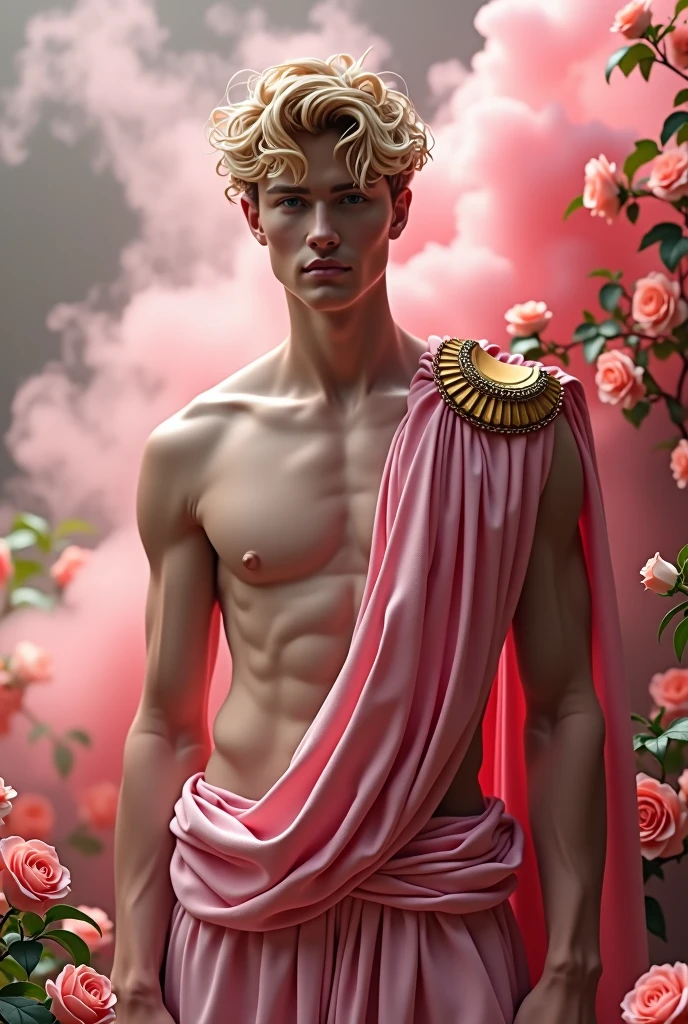 Hyper realistic, Masterpiece, detailed, 8k, a delicate and graceful image of a Handsome roman young man, shirtless, pink fabric on waist with golden ornament, golden shoulder ornament, blonde hair, surrounded by pink smoke and flowers