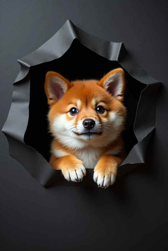 A Shiba Inu has torn through a piece of black paper, with its head and front paws sticking out from the opening.。。Stereoscopic photography。Shiba Inu is in front。
