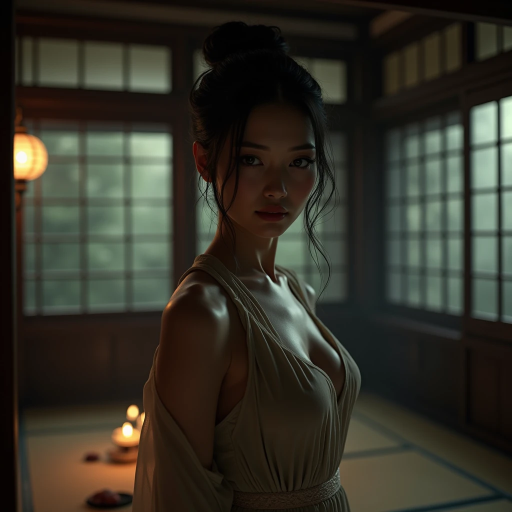 Beautiful and seductive Japanese woman in a brothel, detailed facial features, elegant long dress, traditional Japanese house, tatami mats, shoji screens, sliding doors, dramatic lighting, cinematic composition, muted color palette, dramatic chiaroscuro, gothic atmosphere, (Highest Quality, 4k, 8k, High Resolution, Masterpiece: 1.2), Ultra-detailed, (Realistic, Photorealistic, Photo-realistic: 1.37)