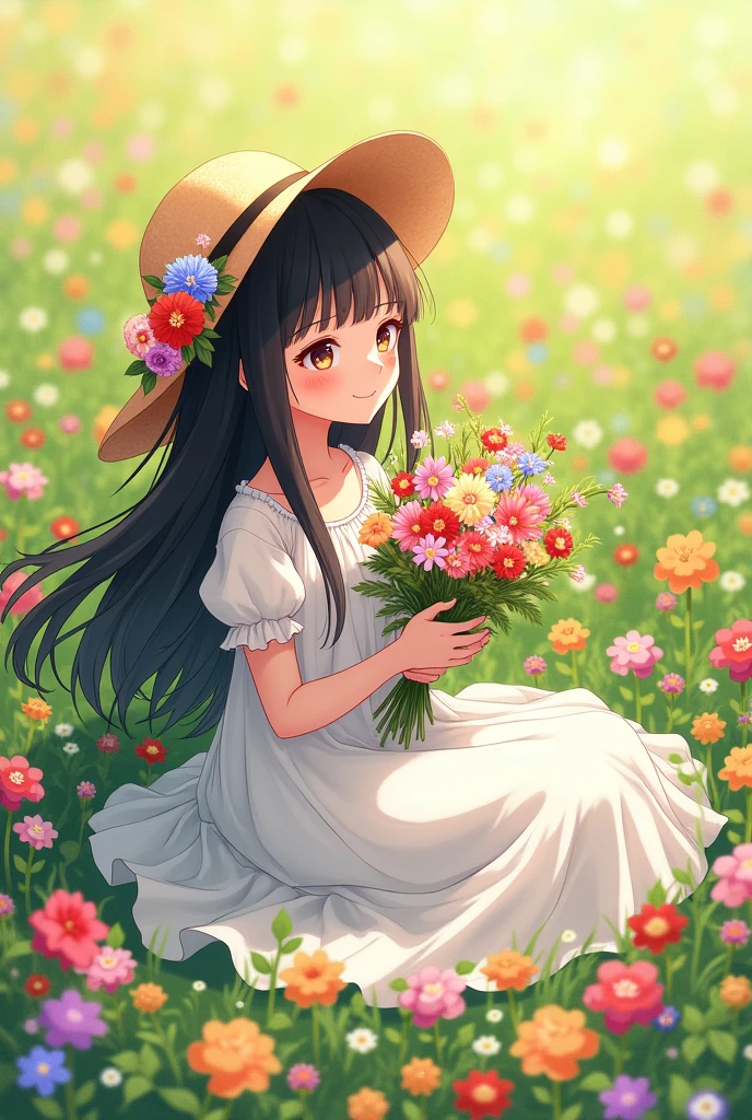 Beautiful colorful flower fields、A girl sitting in the middle of a flower field、((The girl is carrying flowers))、((The girl is smelling the flowers))、A kind and happy expression、Wearing a pure white dress、Wearing a straw hat、The straw hat is decorated with flowers.、Long black hair fluttering in the wind