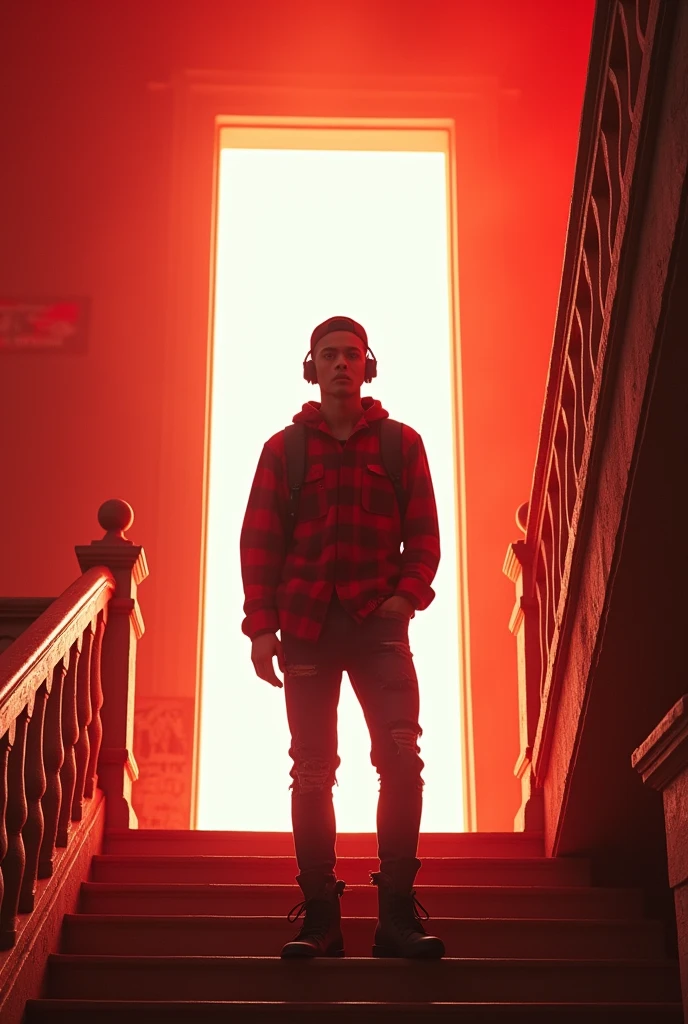 depict dramatic scenes with strong color contrasts, especially in shades of red and orange, depicting environments that appear otherworldly. In the middle, there was a white door emitting bright light, with the silhouette of a person standing in the doorway. Face detailed. Look straight ahead. 23yo Indonesian man wearing dark red flannel shirt and dark ripped jeans pants and black hiking hi-shoes with black backward trucker hat, wear dark leather backpack, wear headphone, masculine photoshoot pose, arrogant man expression. On the side of the stairs leading to the door. The setting includes architectural elements such as stairs and railings that have an ancient design.