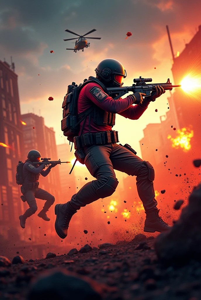 "Design a vibrant and action-packed Facebook Live stream thumbnail showcasing an intense moment from BGMI gameplay. The background should feature an urban battleground with explosions, helicopters, and fast-paced action. The main character, dressed in tactical gear, is mid-jump while firing a weapon, with dynamic motion blur to emphasize movement. Include bold, eye-catching text like 'LIVE NOW' or 'Epic BGMI Action!' in a modern, high-contrast font. Use colors like red, orange, and black to convey urgency and excitement. Add elements like the Facebook Live icon, and make sure the layout is mobile-friendly, ensuring the main action and text are clearly visible even at a smaller size."