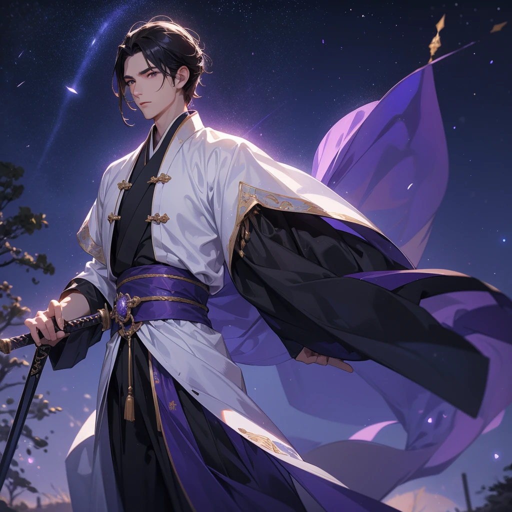 A Handsome black-hair male holding a large sword in white hanfu dress, Background is a dark moonless night, with dry trees in the background, and purple glowing light,