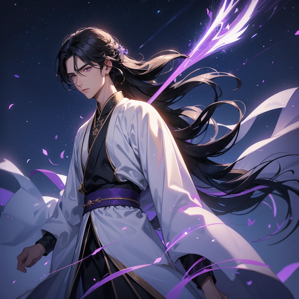 A Handsome black-hair male holding a large sword in white hanfu dress, Background is a dark moonless night, with dry trees in the background, and purple glowing light,