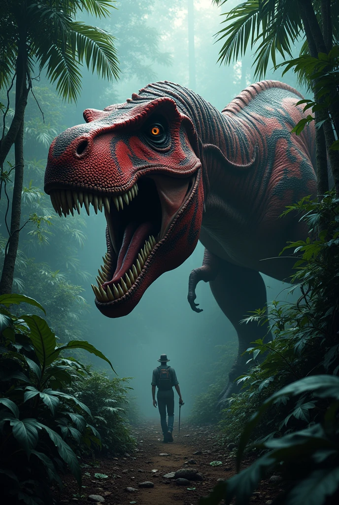Red Tyrannosaurus Rex with black stripes hiding in the undergrowth in the African forest at night in front of a hunting man. Terror. frightful. fear.