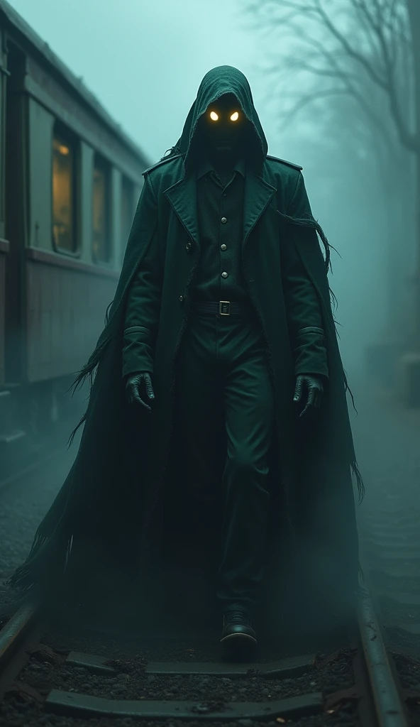 The conductor, a ghostly figure with glowing eyes in a tattered uniform, standing at the front of the train, his eyes hallow and glowing
