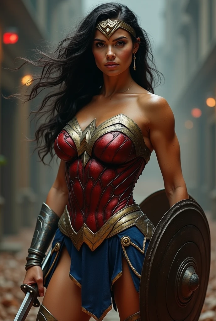 una mujer disfrazada wonder woman sosteniendo una espada en la mano derecha y un escudo en la mano izquierda, beautiful warrior, attractive woman, sexy wonde woman,  portrait of wonder woman, warrior girl, greek amazon warrior, muscular warrior women, amazon warrior, warrior queen, north adult warrior, barbarian warrior woman, wonder woman, details of sweat on the skin, cinematographic light.
