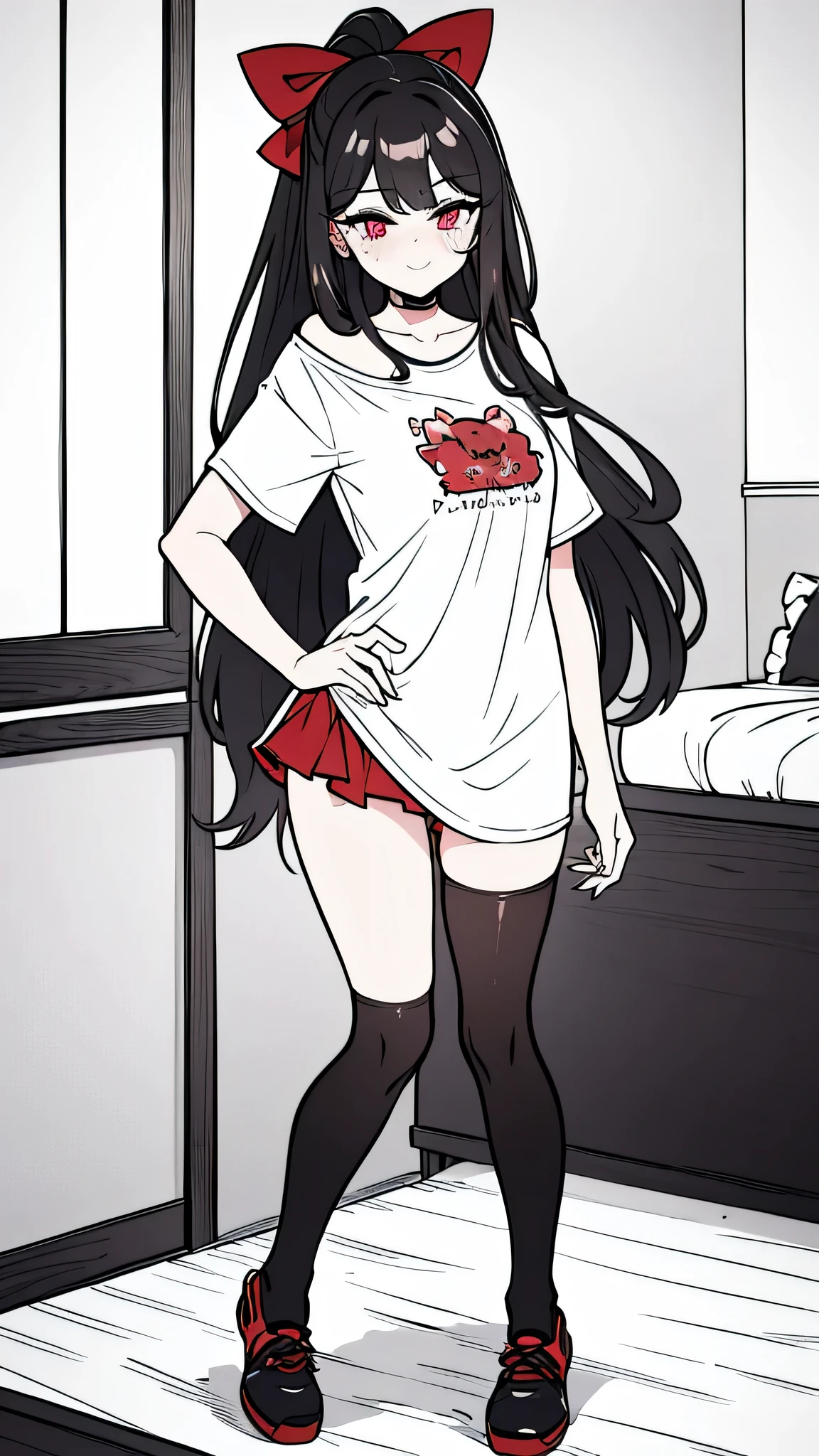 using pantimedies, wavy black hair, piercing look with deep red eyes, average stature, Waist length hair, Silky hair with a ponytail hairstyle collected with a red bow with two white lines, has a vagina, has breasts, cup of breasts, small breasts, slim, foreground, Session, sitting in her room, standing in his room, wearing pantyhose, using pantimedies, Picardias, neckline, looking at the viewer, lascivious smile, ((oversized t-shirt)), off the shoulders, without pants, washing machines, thighs, ((White T-shirt)), standing, hands on the hips,, shoes, blush, from below, thighs gorditos, thighs grandes, big ass