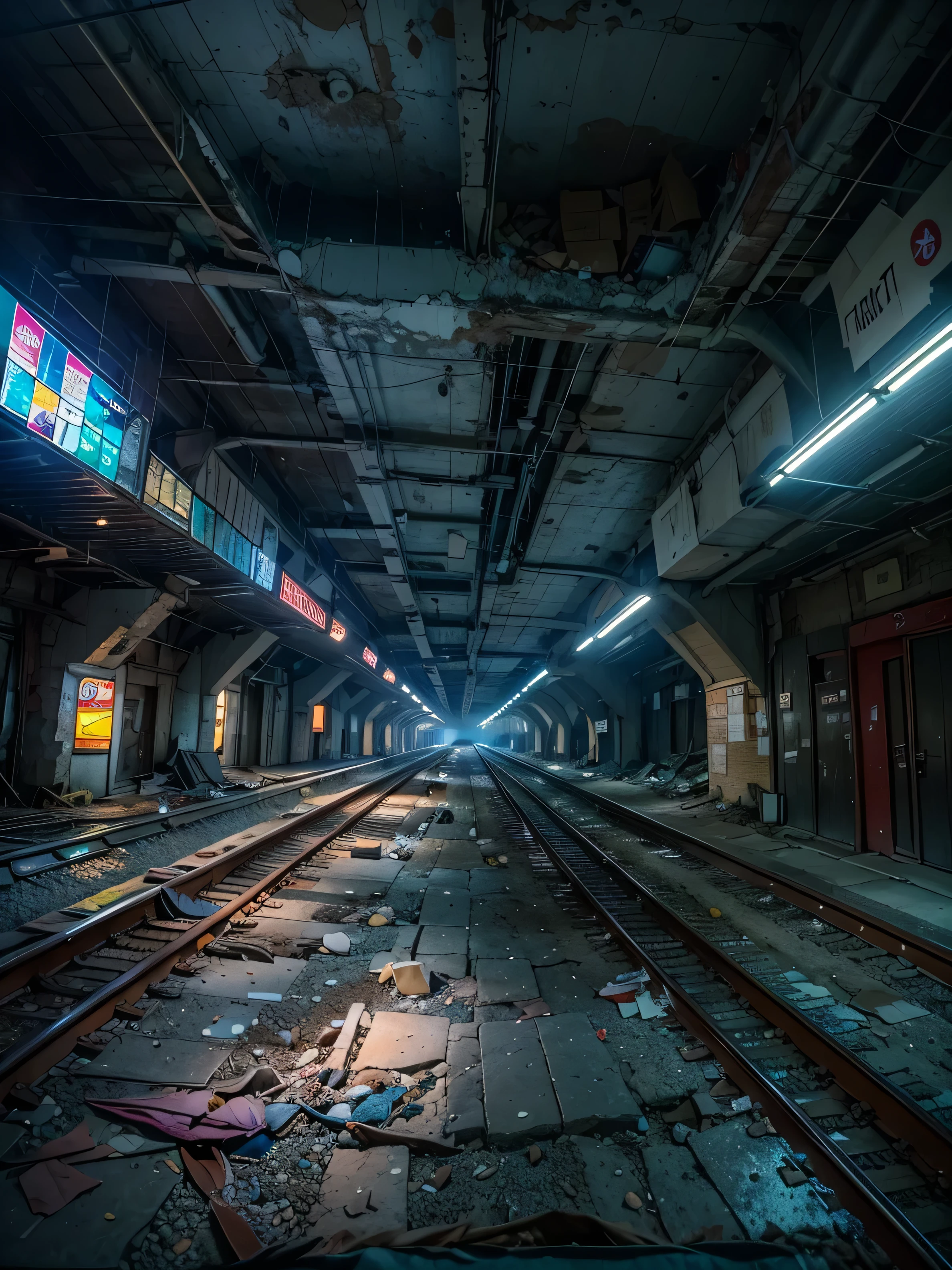 A nostalgic unused subway station, cyberpunk scene, still, featuring crumbling facades, harsh fluorescent lights, broken windows,shadows cast on walls, at night,
Masterpiece,best quality,hi res,8k,hi res,8k,award winning,(sharp focus, intricate, highly detailed),