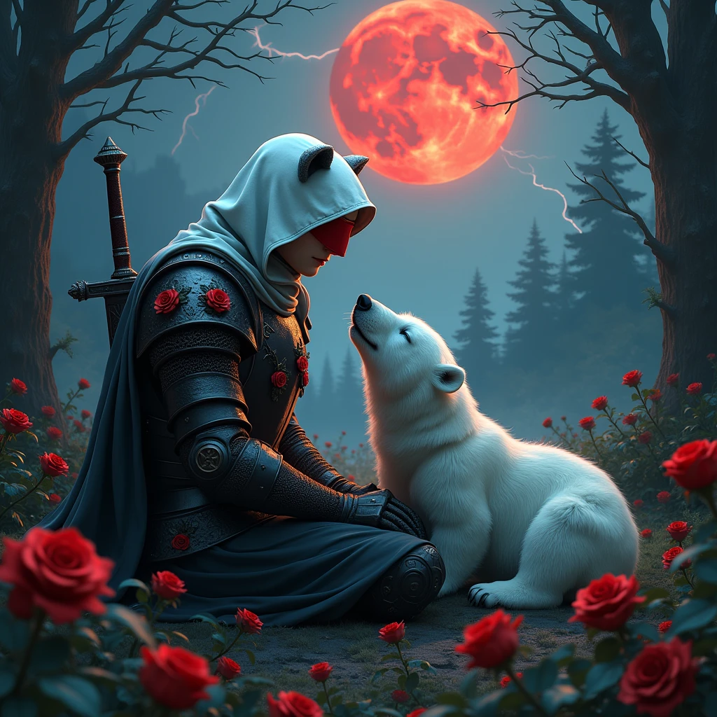 Male knight with a white hood with bear ears with sword behind his back sits towards a polar bear in a forest while the moon shines, many Roses cover the ground and lightning falls from the sky. The polar bear sleeps in front of the knight. Only the man wears a red blindfold. In the background of the picture is the blood moon. The forest is full of trees with leaves. The armor of the man is black and red roses decorate it. The knight smells on a rose.