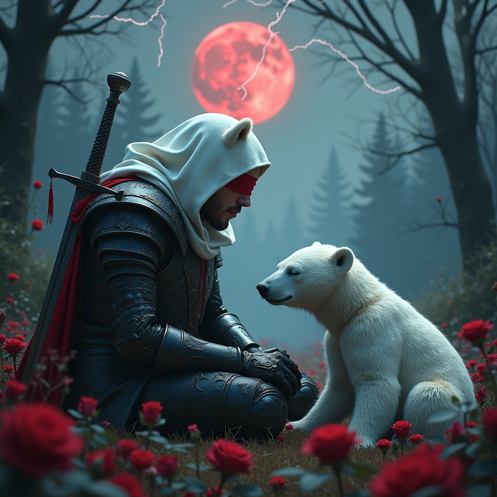 Male knight with a white hood with bear ears with sword behind his back sits towards a polar bear in a forest while the moon shines, many Roses cover the ground and lightning falls from the sky. The polar bear sleeps in front of the knight. Only the man wears a red blindfold. In the background of the picture is the blood moon. The forest is full of trees with leaves. The armor of the man is black and red roses decorate it. The knight smells on a rose.
