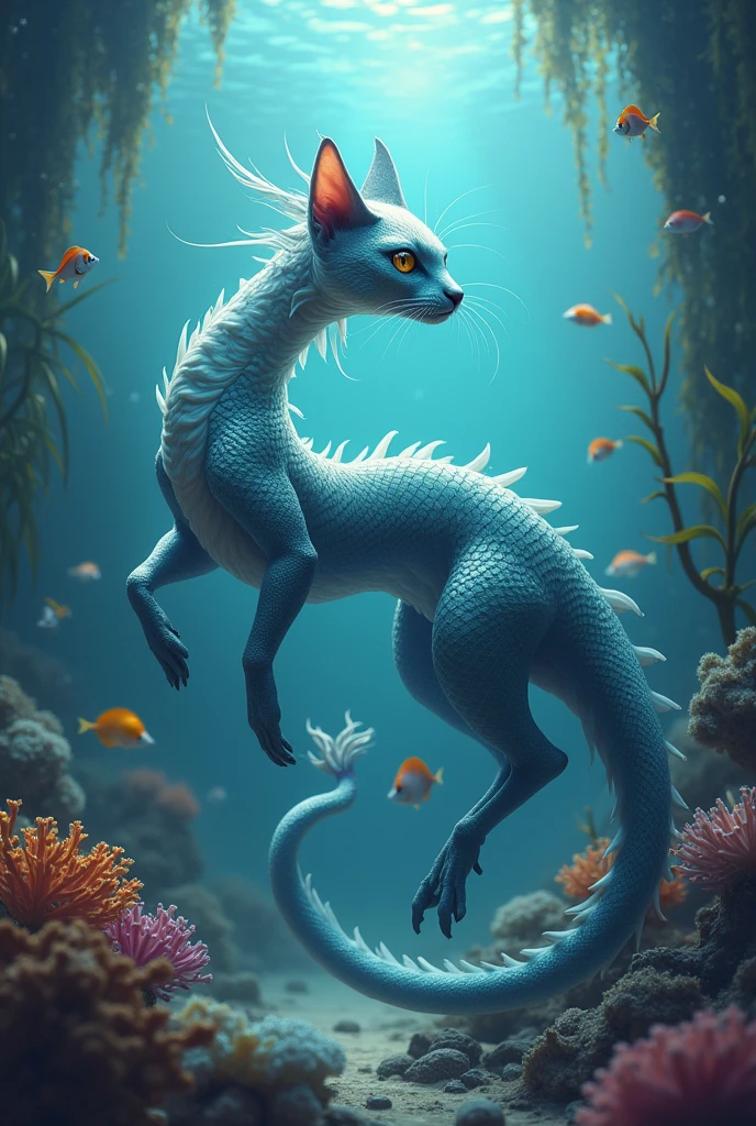 draw a cat combined with a snake and living underwater
