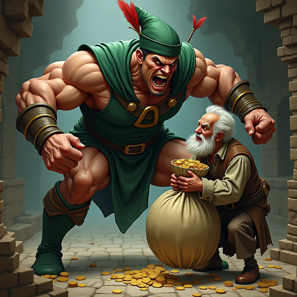 a very strong bodybuilder man, robin hood dress, with the green clothes and green hat characteristic of Robin Hood, muscular, tan muscular que se ven las venas de su cuello, shouting in anger and jumping on an old, poor man, a ragged beggar with a white beard and old, medieval clothes, hugging a big bag of money and gold coins, with a shocked expression of terror and fear with his mouth and eyes open screaming in fear, close up de su cara. Robin Hood wants to take the old man's big bag of money, Robin Hood is much bigger than the old man