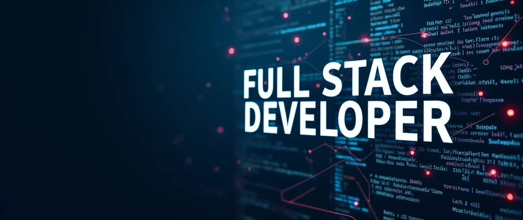 Create an image with a dark navy blue background featuring the words 'Full Stack Developer' in white text positioned on the right side of the photo. The image should convey software development and technology themes, incorporating elements of programming code. Design the image to be creative, impactful, and visually attractive with a beautiful and striking design.