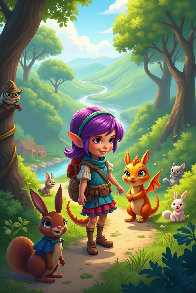 Lila the purple-haired girl and Draco the little golden dragon began their adventure, Crossing rivers and climbing hills. Along the way, They met several forest animals. Lila and Draco asked them for help, and everyone joined the search, each one contributing something special.