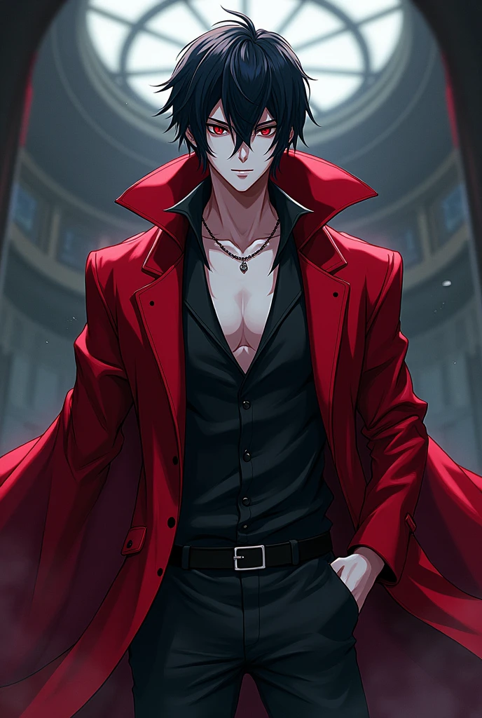 An image of an anime character with black hair, red eyes, sharp claws and teeth signaling that he is a cannibal, He will wear black clothes and will be carrying two sharp hunting knives attached to each other by a chain and with the powers to create weapons made of blood like the Power of Chansaw Man