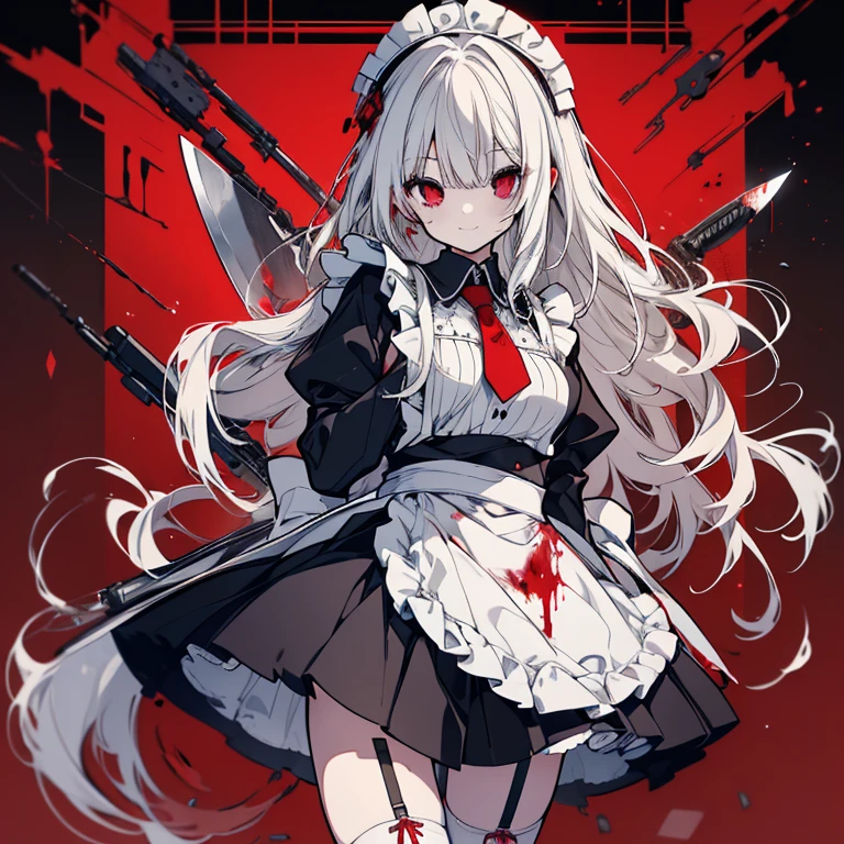 1 girl、Mature、Ample breasts、Long Hair、White Hair、Red Eyes、Curly Hair、maid、maid服、黒いmaid服、Armament、Miniskirt、garter、A seductive smile、Blood on the apron、knife、Bloody、blood、Splatter、Bizarre Murder、High resolution、Highest quality