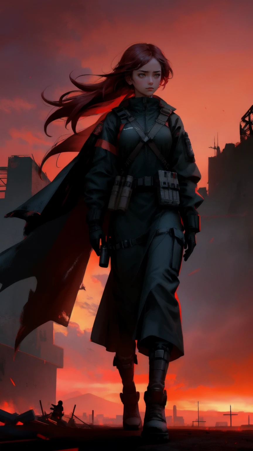 Visualize an image of a resilient young woman standing boldly at the forefront of a group of survivors in a dystopian setting. The scene is set against a stark red sky that casts a foreboding glow over a desolate cityscape, with the ruins of buildings silhouetted against a large, eerie moon. The woman has a stern, commanding expression, wearing a dark, tactical uniform equipped with necessary survival gear, including a strapped radio and utility belt. Her hair is tightly secured in a combat-ready style, emphasizing her readiness and authority. She looks forward, vigilant and prepared, leading her group through the challenging landscape, embodying strength and determination in a world fallen into chaos.