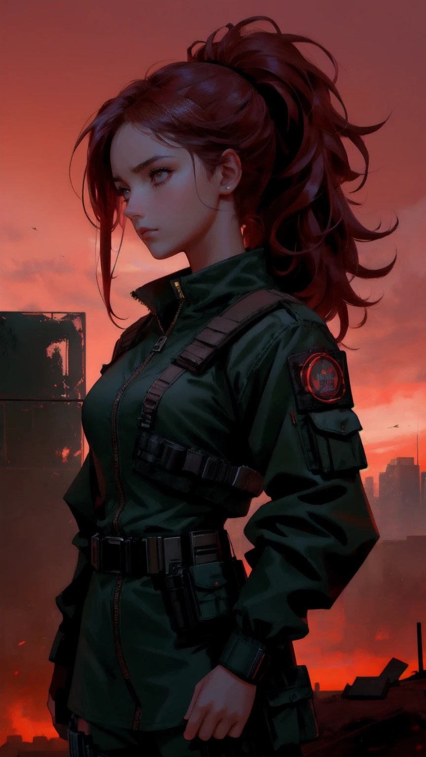 Visualize an image of a resilient young woman standing boldly at the forefront of a group of survivors in a dystopian setting. The scene is set against a stark red sky that casts a foreboding glow over a desolate cityscape, with the ruins of buildings silhouetted against a large, eerie moon. The woman has a stern, commanding expression, wearing a dark, tactical uniform equipped with necessary survival gear, including a strapped radio and utility belt. Her hair is tightly secured in a combat-ready style, emphasizing her readiness and authority. She looks forward, vigilant and prepared, leading her group through the challenging landscape, embodying strength and determination in a world fallen into chaos.