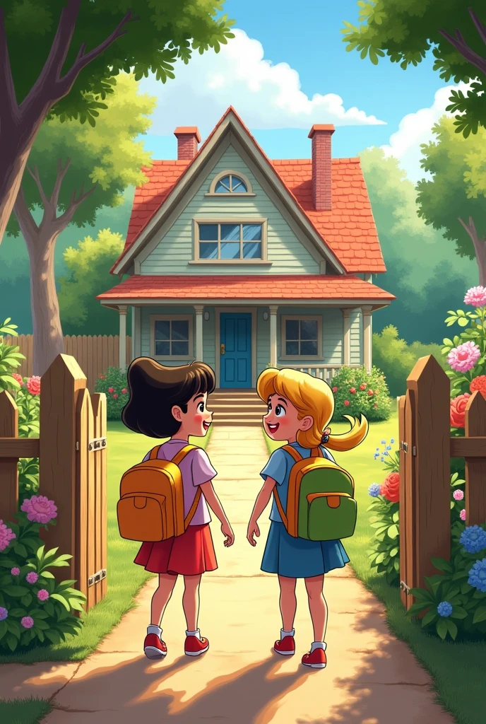 Arrival at Grandma&#39;s House Scene: Maria Clara and Aurora arriving at the gate of grandma&#39;s house.
detaileds: Sunnyday, cozy house with a big yard. The girls with lively smiles, carrying backpacks. Note: Maria Clara is  and has dark blonde hair and Aurora is  and has dark blonde hair.. 
I want it in Disney style 