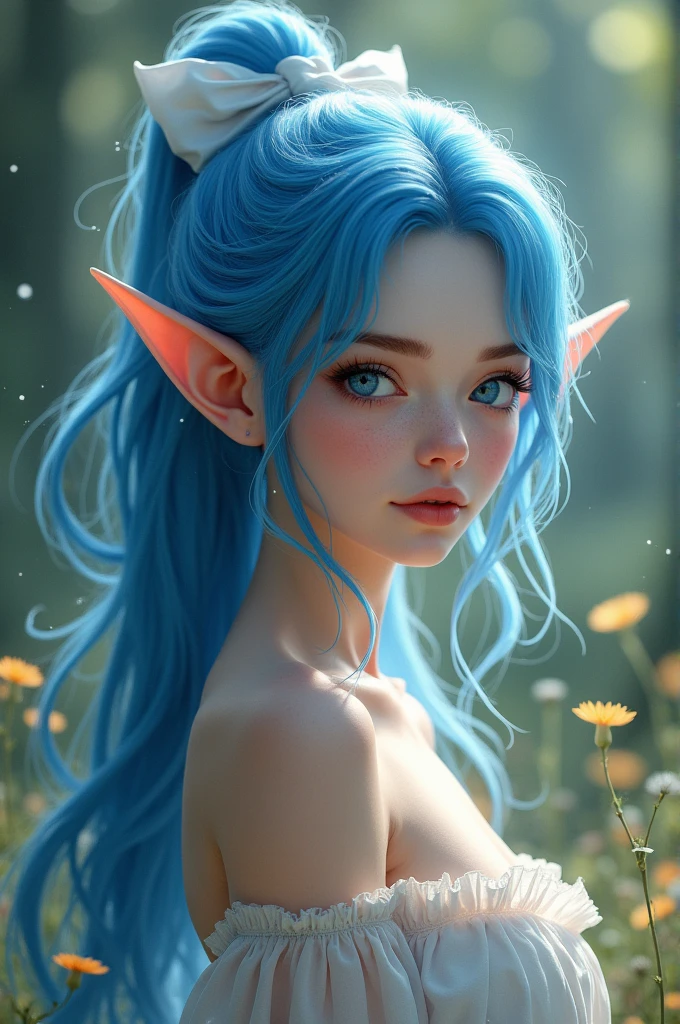 Elf with Blue hair ponytail with a bow