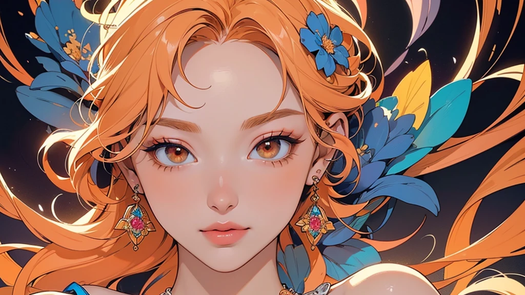 32K, 最高quality, 最高masterpiece, (ultra-Detailed Background, Detailed Background), High resolution, Super detailed, Very detailedな, 1 personの, (bouquet:1.3), (Tangled:1.2), (Geometric:1.2),(colorful),(masterpiece, quality, best quality, Official Art, Beautiful and beautiful:1.2), (1 person:1.3), Very detailed,(colorful:1.1)(Flowers:1.3),Most detailed,(Tangled:1.2), whole body, (Abstract background:1.3), (Skin glows), (Many colors:1.4), ,(Earrings Jewelry:1.5), Pale Orange Background, It's imaginative., Flaxen Hair,