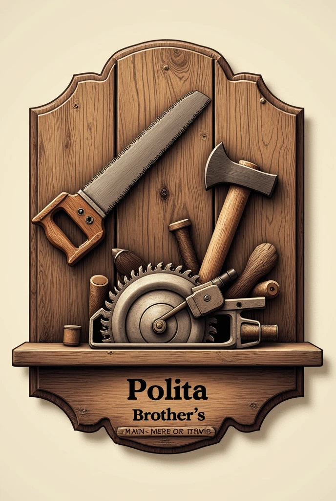 Logo of a carpentry shop called Polita Brother's. With a handsaw a circular saw, An ax, all engraved in wood Written at the bottom Wood Working Shop