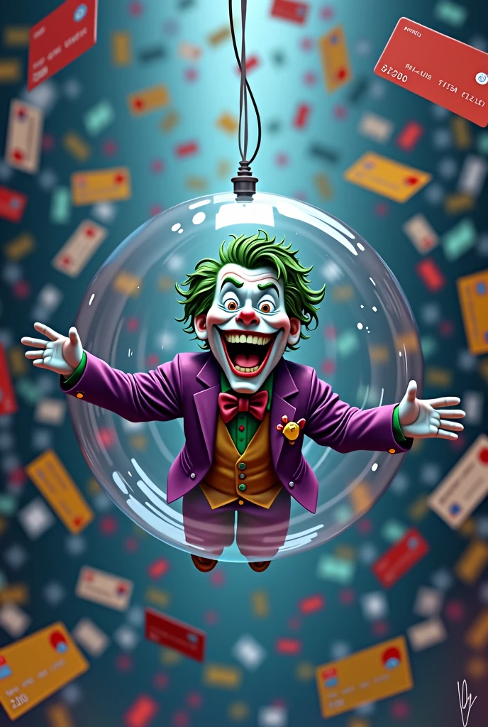 joker laughing in a floating bubble with a silver cord and with the background of the image full of credit cards.