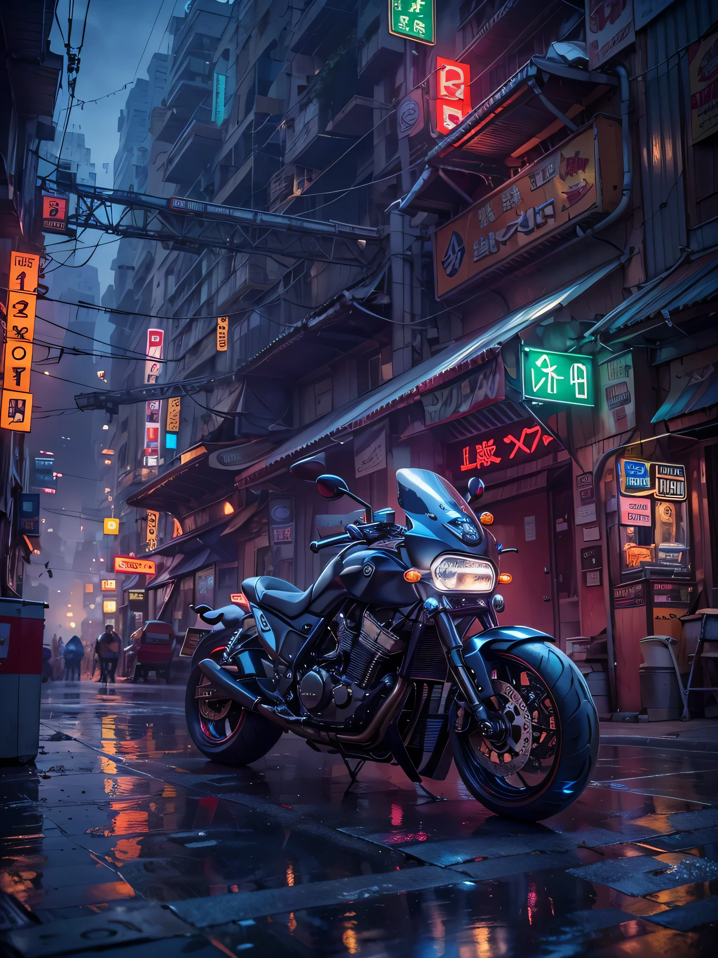 ((masterpiece)),((best quality)),((High Detail)),((Practical,)) Future Era City, There is a deep canyon in the middle, Building Street, market, bridge, Cyberpunk, European Architecture, Rainy night, neon, Futuristic motorcycle