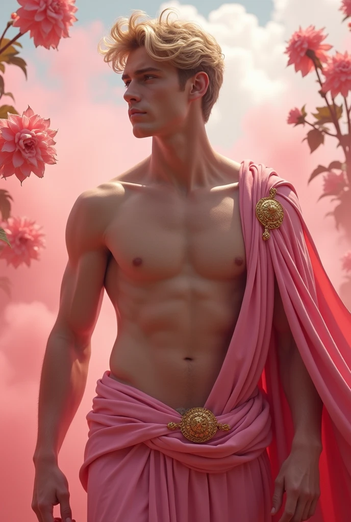 Hyper realistic, Masterpiece, detailed, 8k, a delicate and graceful image of a Handsome roman young man, shirtless, pink fabric on waist with golden ornament, golden shoulder ornament, blonde hair, surrounded by pink smoke and flowers