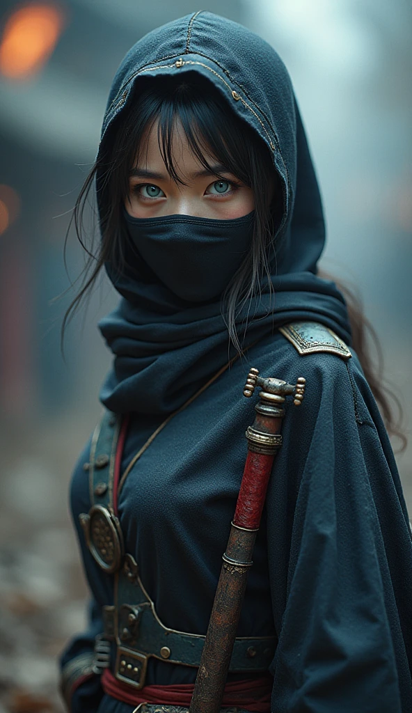 superhero, modern super hero costume, ninja, ninja costume, ninja mask on the face, With a Chinese sword, Jin sword,with a Chinese sword, Beautiful Chinese woman, 20 years old, with blue eyes, Chinese woman with bangs, courageous character, Kind, Brave, determination, on the battlefield, atmospheric perspective, Motion blur, 8k, super detailing, Best quality, uhd, high detail