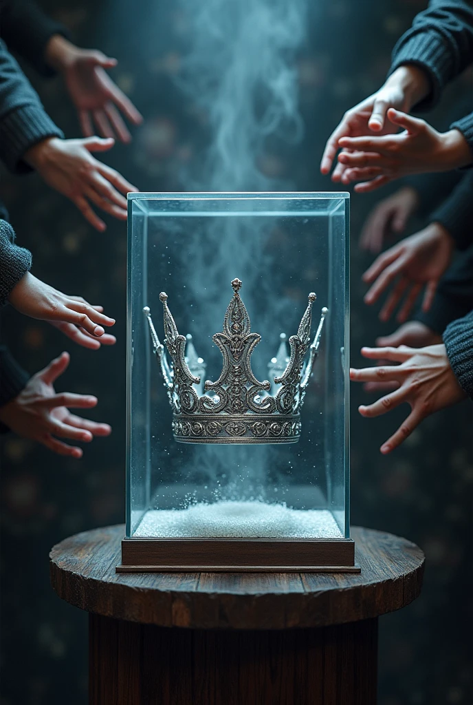 (bookcover), large silver wedding crown, Wedding crown in glass box, glass box, Wooden stage wedding crown, dark background, Many hands on the right and left want to grab the wedding crown, perfect hands