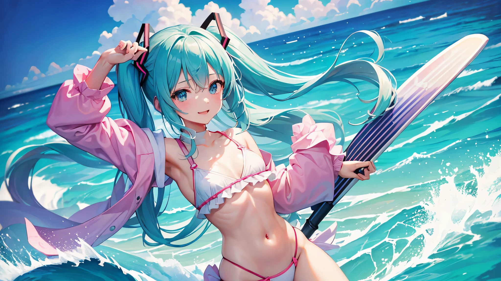 (anime-style cute face)、Hatsune Miku,最high quality, ((Sharp details)), (8k, RAW Photos, 最high quality, masterpiece), (looking at the camera),Cute Smile、Very big eyes、anatomically correct body、Big thighs、Muscular woman、The face is bright、Professional Lighting、Cute little breasts、Emphasis on the chest、(Pink and white long sleeve surf suit:0.6、Belly button、Nipples、Female organ、slit:1.6、Cute frills:1.8)、(black and pink spats)、high quality,High resolution,16K,Sharp lines,1 girl,(((Professional female surfer:1.9))) ,Big waves、Standing on a surfboard:1.8、((A surfboard races across the water:1.9)),Detailed clothing、全画面に対してHatsune Mikuは25パーセントの大きさで
