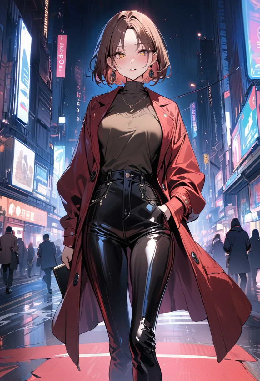 (masterpiece, best quality:1.5), (high resolution 8K), detailed eyes and face, detailed body, 
BREAK 1 girl, bob, center part, forehead, brown hair, piercing, brown eyes, medium breasts
BREAK Long coat, leather pants, high heel boots, turtleneck, clutch bag, large earrings, 
BREAK woman turning while walking, on a major street between skyscrapers, 
BREAK (cool expression:1.5), modern and sophisticated atmosphere