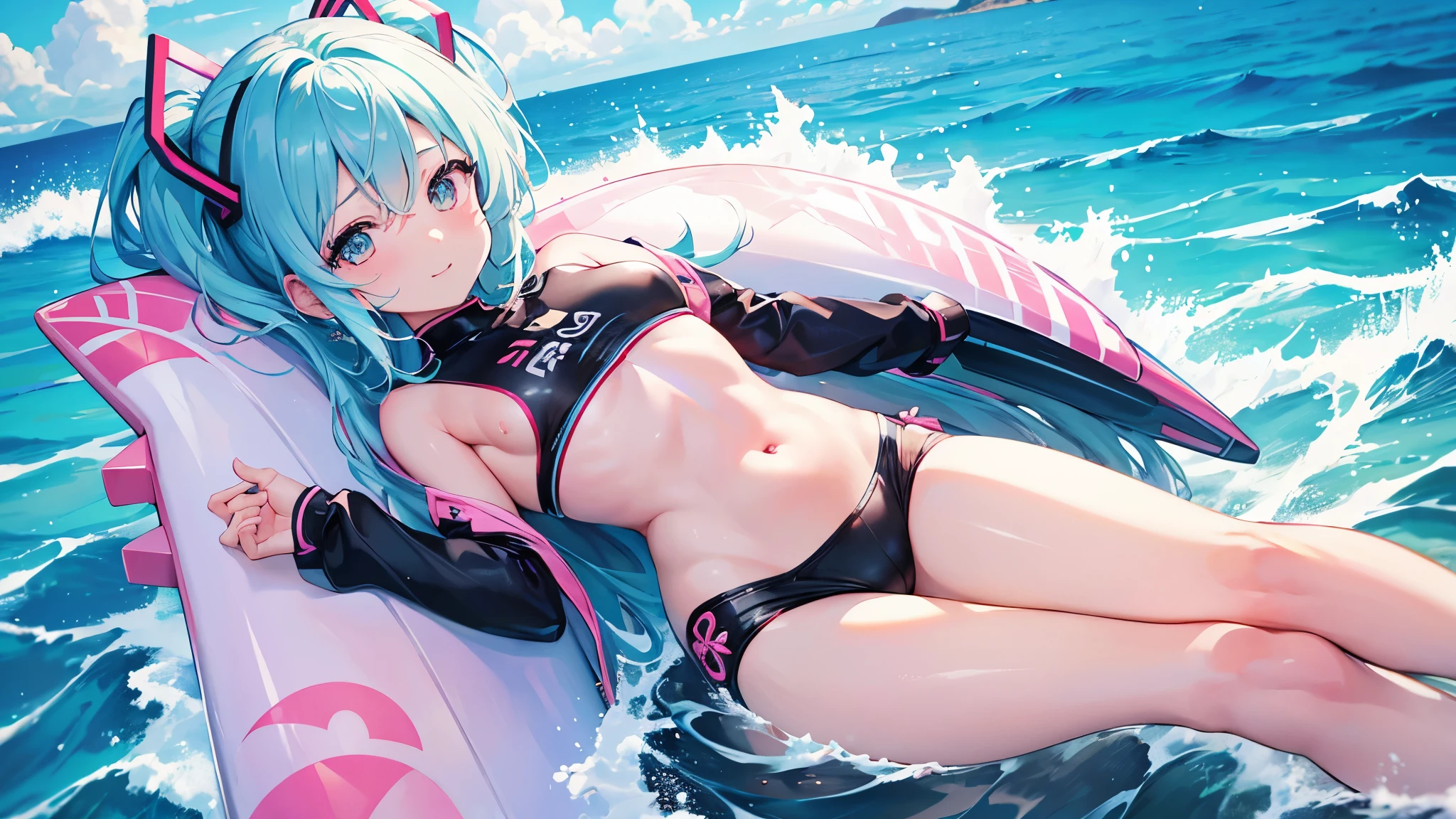 (anime-style cute face)、Hatsune Miku,最high quality, （（Sharp details））, (8k, RAW Photos, 最high quality, masterpiece), (looking at the camera),Cute Smile、Very big eyes、anatomically correct body、Big thighs、Muscular woman、The face is bright、Professional Lighting、Cute little breasts、Emphasis on the chest、（Pink and white long sleeve surf suit:0.6、Belly button、Nipples、Female organ、slit:1.6、Cute frills:1.8）、（black and pink spats）、high quality,High resolution,16K,Sharp lines,1 girl,（（（Professional female surfer:1.9））） ,Big waves、Standing on a surfboard:1.8、（（A surfboard races across the water:1.9））,Detailed clothing、全画面に対してHatsune Mikuは25パーセントの大きさで