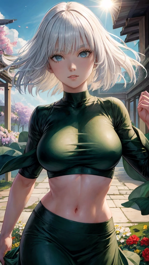 realistic, 1girl, Fubuki, white hair, green eyes, big round breasts, clear white skin, shining eyes, black crop top, dark green skirt, parted lips, rouge, night, flowers, sun, sunshine