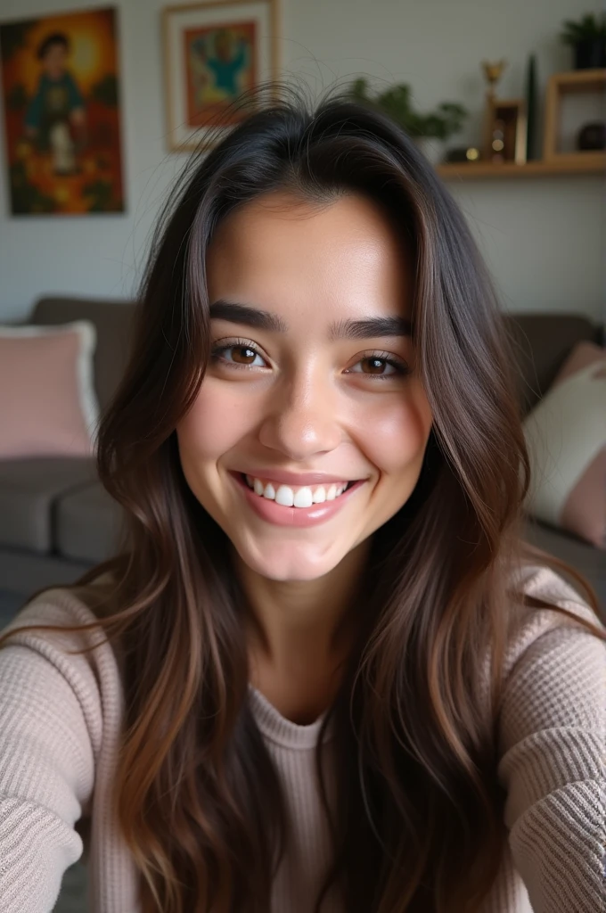 20 year old girl taking a selfie for Instagram with black hair, brunette and dark eyes. The background has to be a common room.