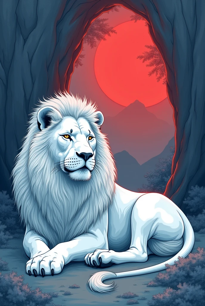 (highly detailed, concept art, digital art, fantasy art, art station, cinematic, best quality, 16k, ultra-HD), solo, red white, white eyes focus, moon, black background, black sclera, leao white, lion