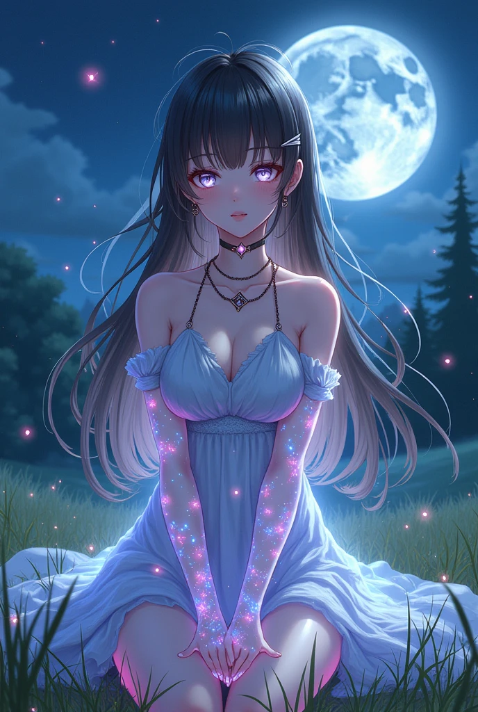 (masterpiece、Highest quality、8k、High resolution)、1 female、(Beautiful Face、Beautiful Face)、Beautiful eyes with slit length、Cute lips、Beautiful Nose、Brownish black hair、(Best anime girl)、Grassland with a forest view、Walking,Colorful flowers blooming in the field,A bright night with the stars clearly visible、full moon、milky way、Mysterious light particles from the whole body、Colorful light particles、A mysterious light shining around your head、melt、jewelry、necklace、dress、(Beautiful full body style)、Highly detailed anime art、A complete portrayal、