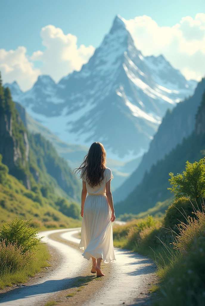 In mountain Beautiful girl walk on Road