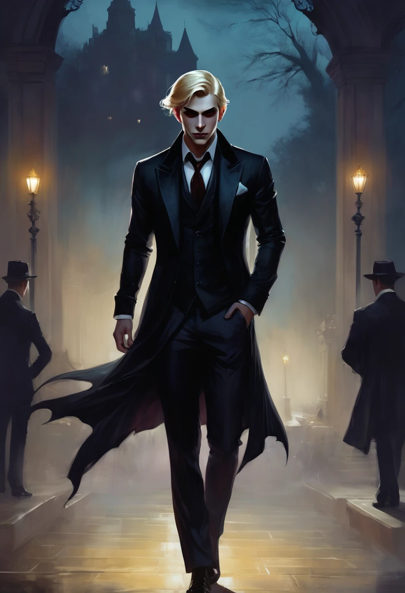 (good quality), (many details), (masterpiece), Charlie Bowater style, Vampire at night in the park, Gloomy aura, Shadows gather behind him, fedora, blond hair, angular face, suit, Schattenbeschwörer, lasombra